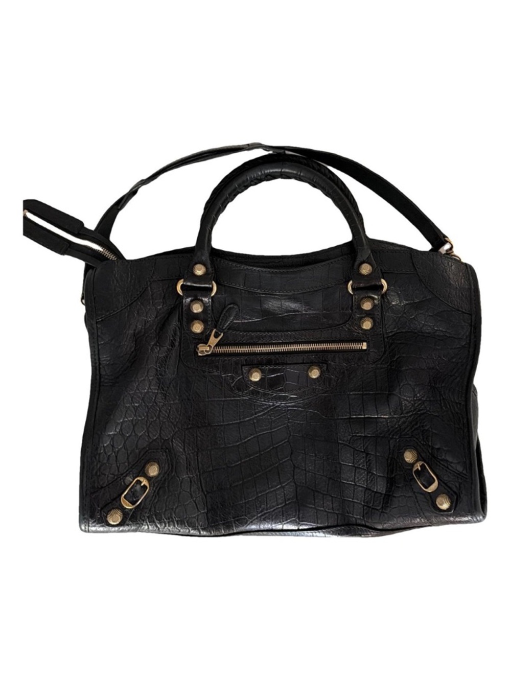 Balenciaga Black Croc-Embossed Shoulder Satchel with Gold Hardware